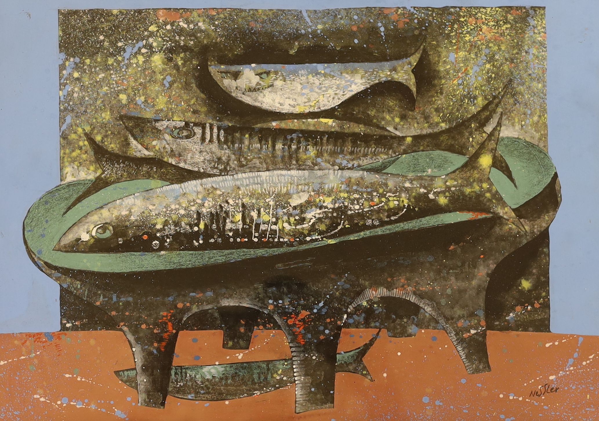 Walter Horst Nessler (1912-2001), gouache, Still life of fish in a bowl, signed, 25 x 35cm, an oil on panel of figures beneath trees, indistinctly signed and an engraving by Hans Collaert, 'The Calling of Matthew'